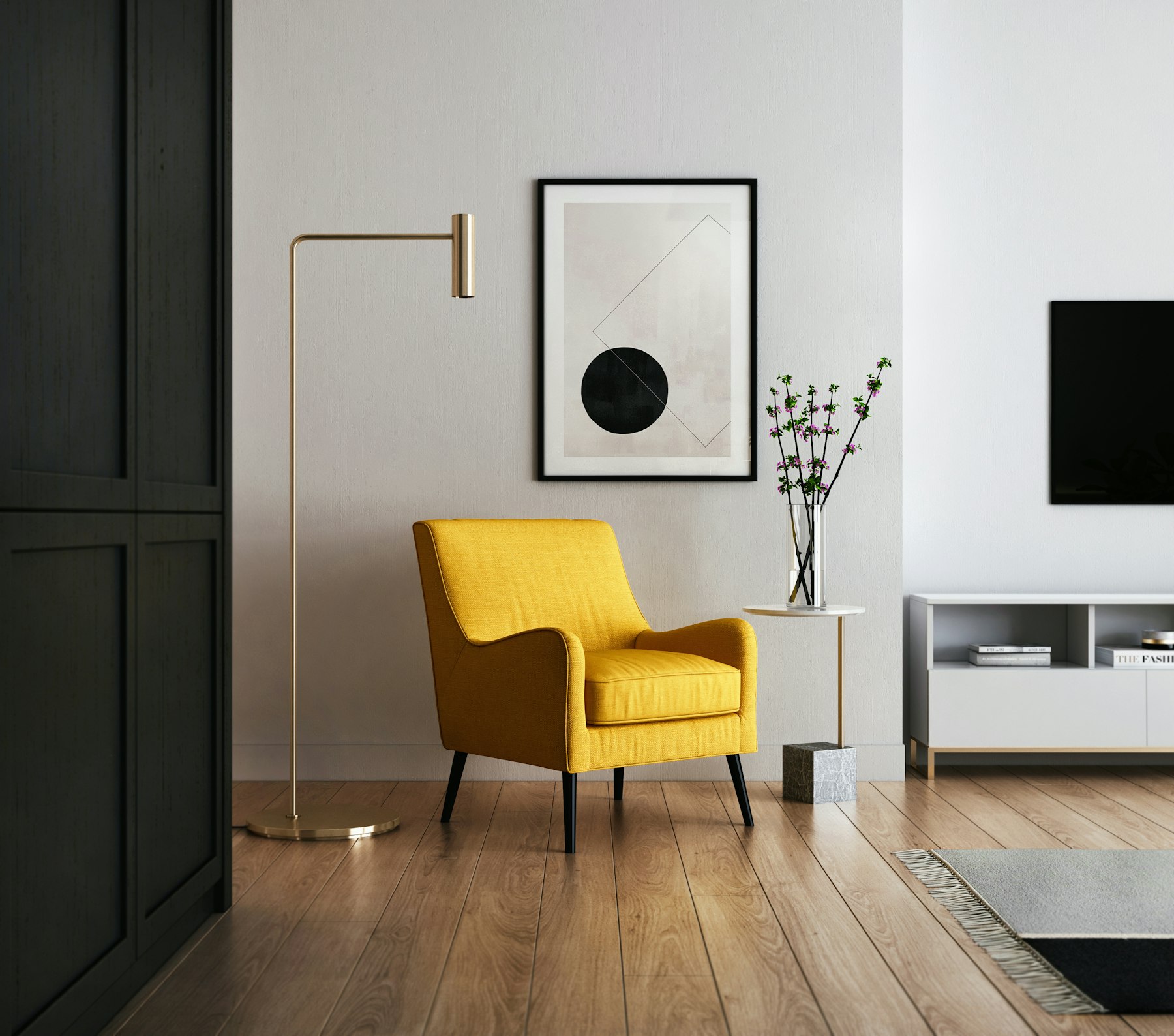 Minimal oturma köşesi, sarı koltuk